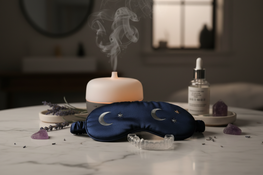 Nighttime wellness setup with DenTek dental guard beside a sleeping mask on white marble surface