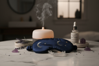 Nighttime wellness setup with DenTek dental guard beside a sleeping mask on white marble surface