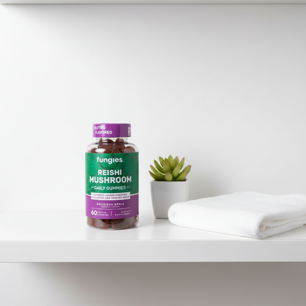 Fungies Reishi Mushroom Gummies bottle on wellness shelf with succulent and white linen towel – More4less Outlet