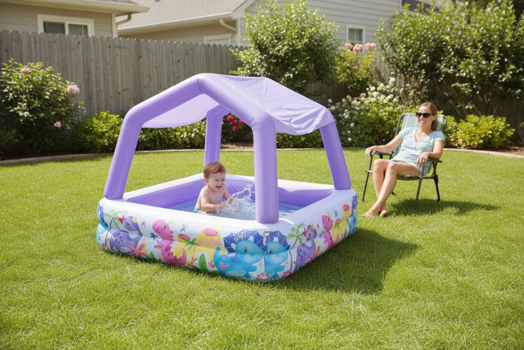 Intex Sun Shade Pool purple canopy toddler splashing backyard lawn parent supervising