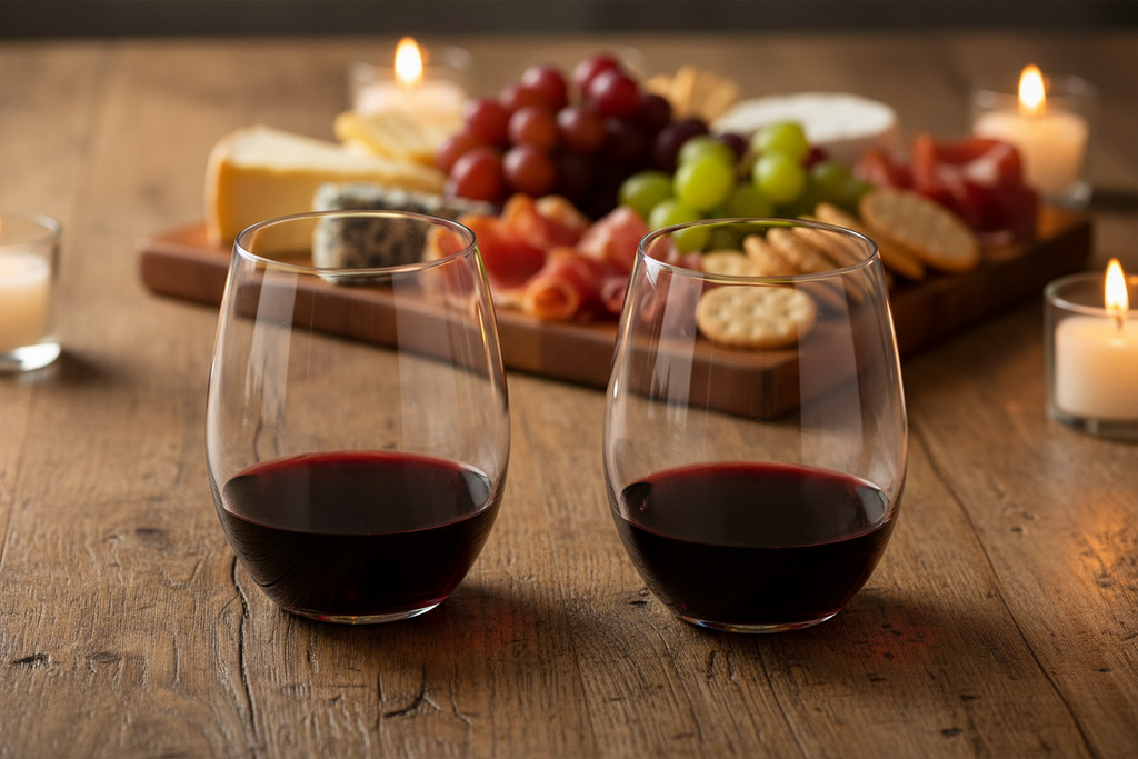 Riedel stemless crystal wine tumblers modern dining table red wine charcuterie candlelight — More4less Outlet