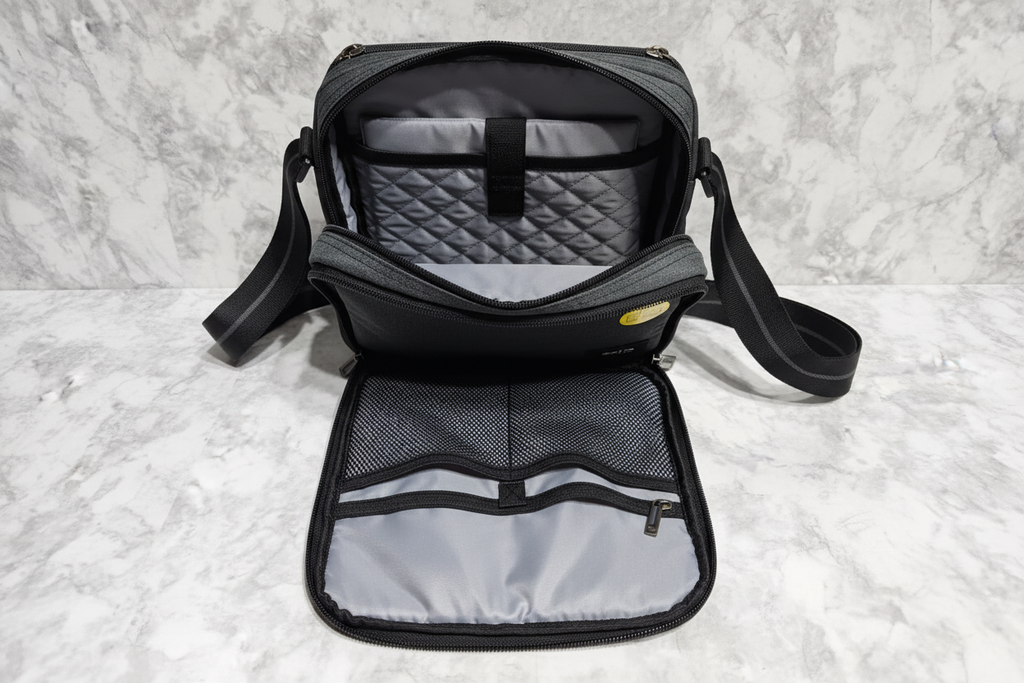 Solo New York Ludlow tablet sling flat lay on marble showing padded tablet compartment and front zip organizer — More4less Outlet