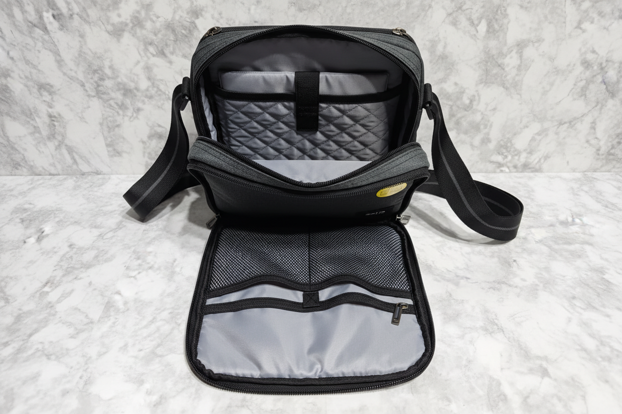Solo New York Ludlow tablet sling flat lay on marble showing padded tablet compartment and front zip organizer — More4less Outlet