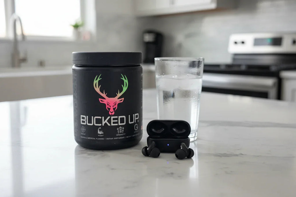 Bucked Up Pre-Workout Strawberry Kiwi on kitchen island with water and earbuds — morning pre-workout prep routine