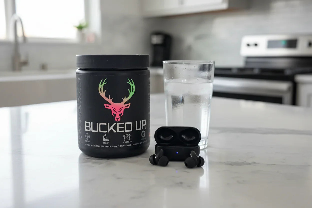 Bucked Up Pre-Workout Strawberry Kiwi on kitchen island with water and earbuds — morning pre-workout prep routine