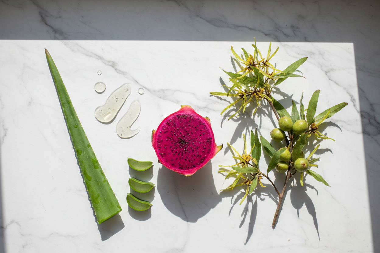 Dragon fruit aloe vera and witch hazel botanical toner ingredients on white marble - skincare ingredient flat lay