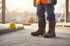 Construction worker on job site wearing Timberland PRO Excave pull-on work boots — steel toe met guard waterproof boots for heavy-duty worksites