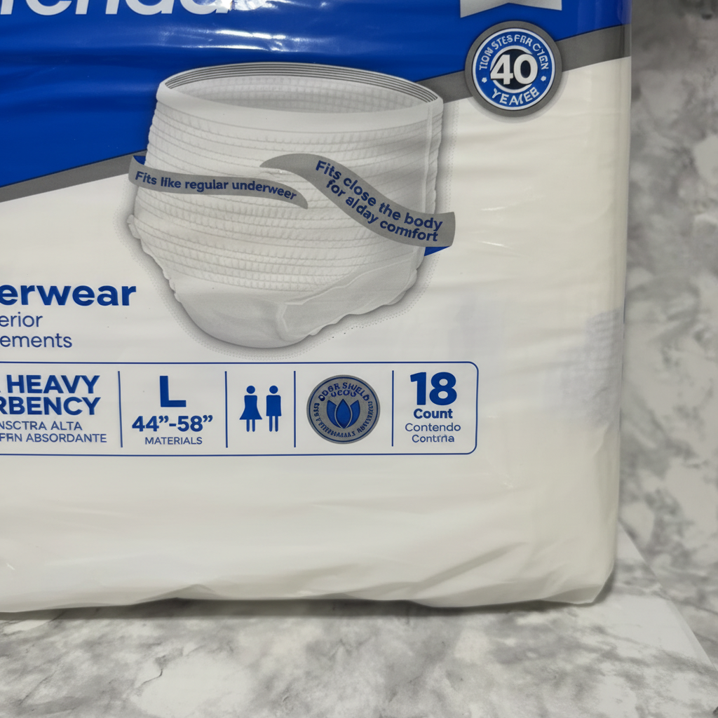 Close-up of back panel of Attends Care Underwear packaging showing breathable materials and odor shield features