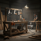 Heavy construction carpentry workstation featuring silver and orange pneumatic power tools