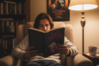 The Film Director's Bag of Tricks by Mark W. Travis held open by reader in cozy chair with warm lighting – More4less Outlet