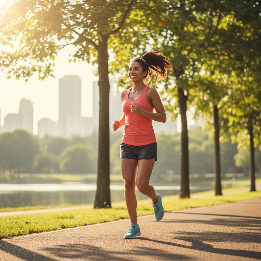 Energetic woman jogging outdoors in bright morning sunlight, healthy wellness lifestyle