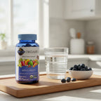 Garden of Life Mykind Organics Men's Multi bottle on wooden morning station with glass of water and bowl of fresh organic blueberries