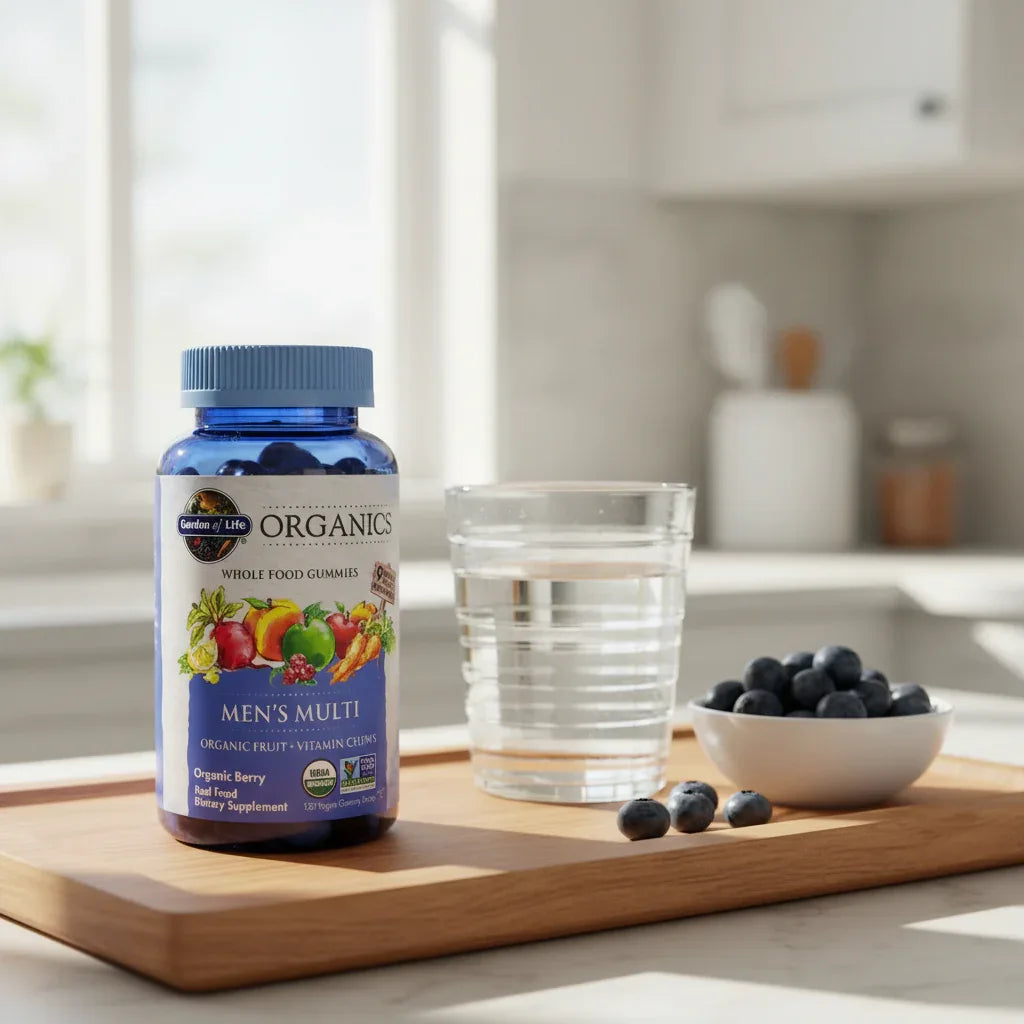 Garden of Life Mykind Organics Men's Multi bottle on wooden morning station with glass of water and bowl of fresh organic blueberries