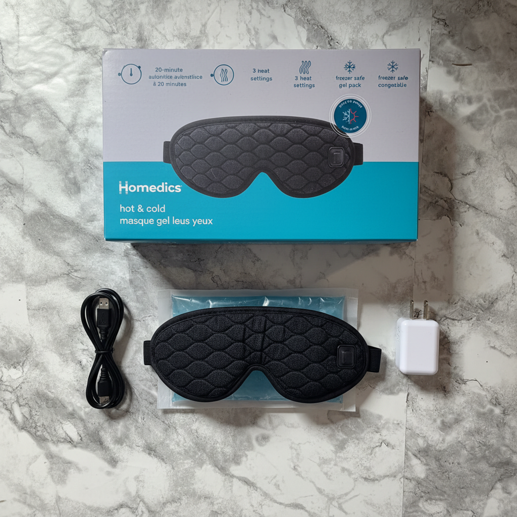 HoMedics Hot and Cold Gel Eye Mask box with the included mask, gel pack, USB cable, and adapter
