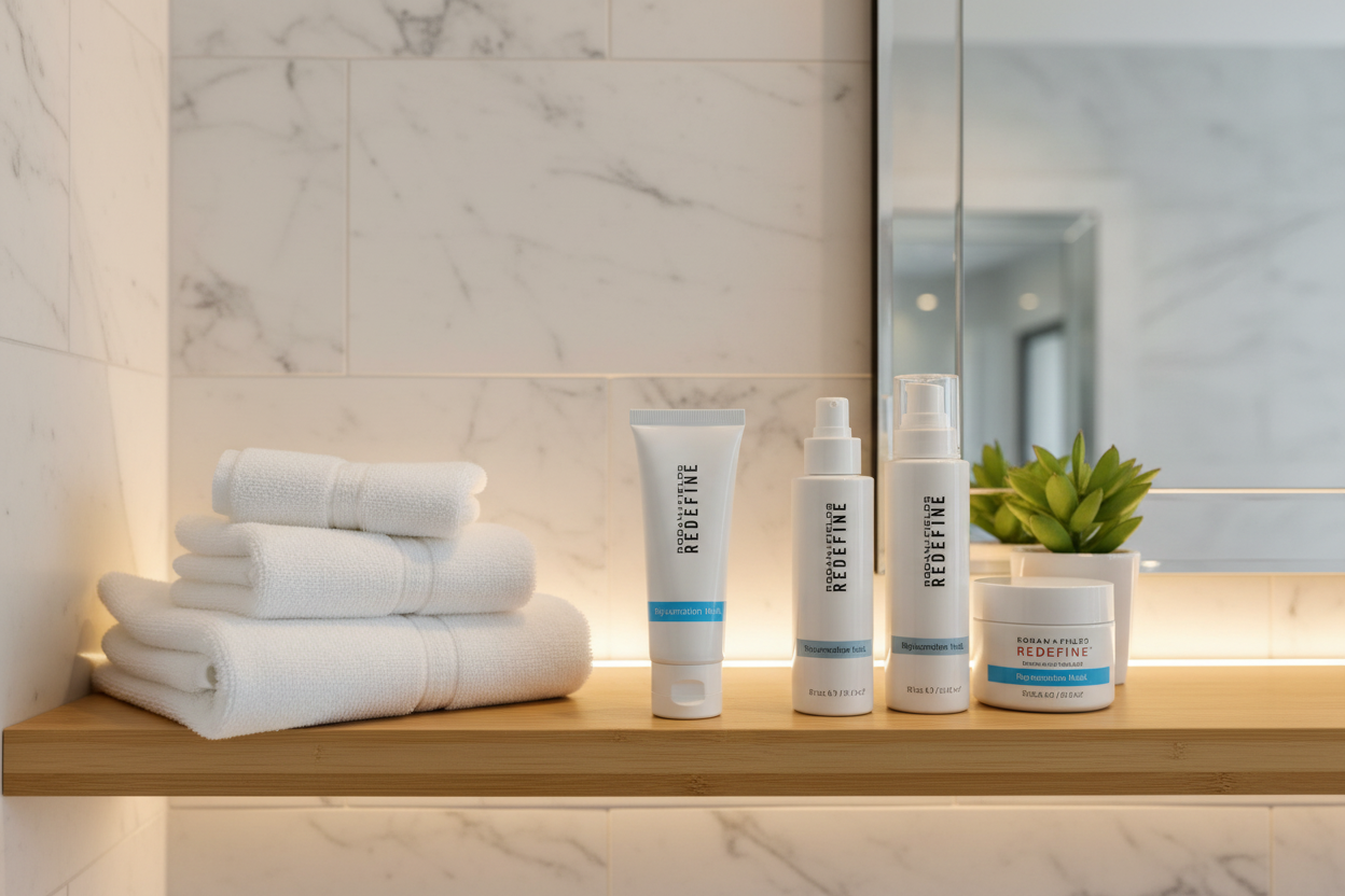 Rodan + Fields REDEFINE Rejuvenation Mask white tube on luxury spa bathroom shelf with skincare products white towels and succulent – More4less Outlet