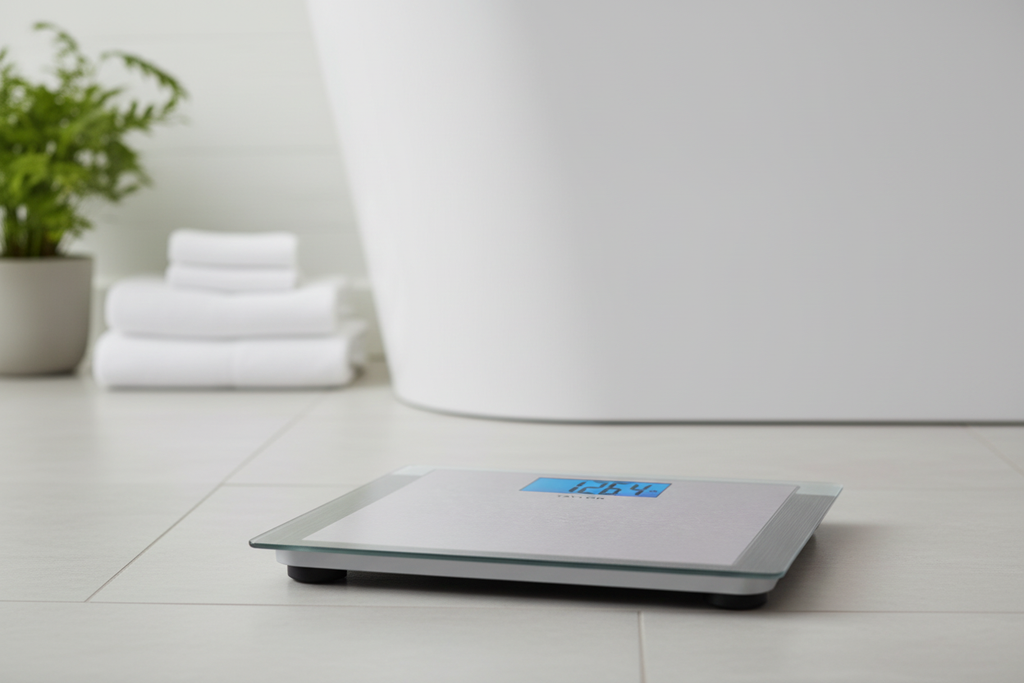 Taylor Digital Bath Scale on grey bathroom tile floor beside white bathtub with towels and plant