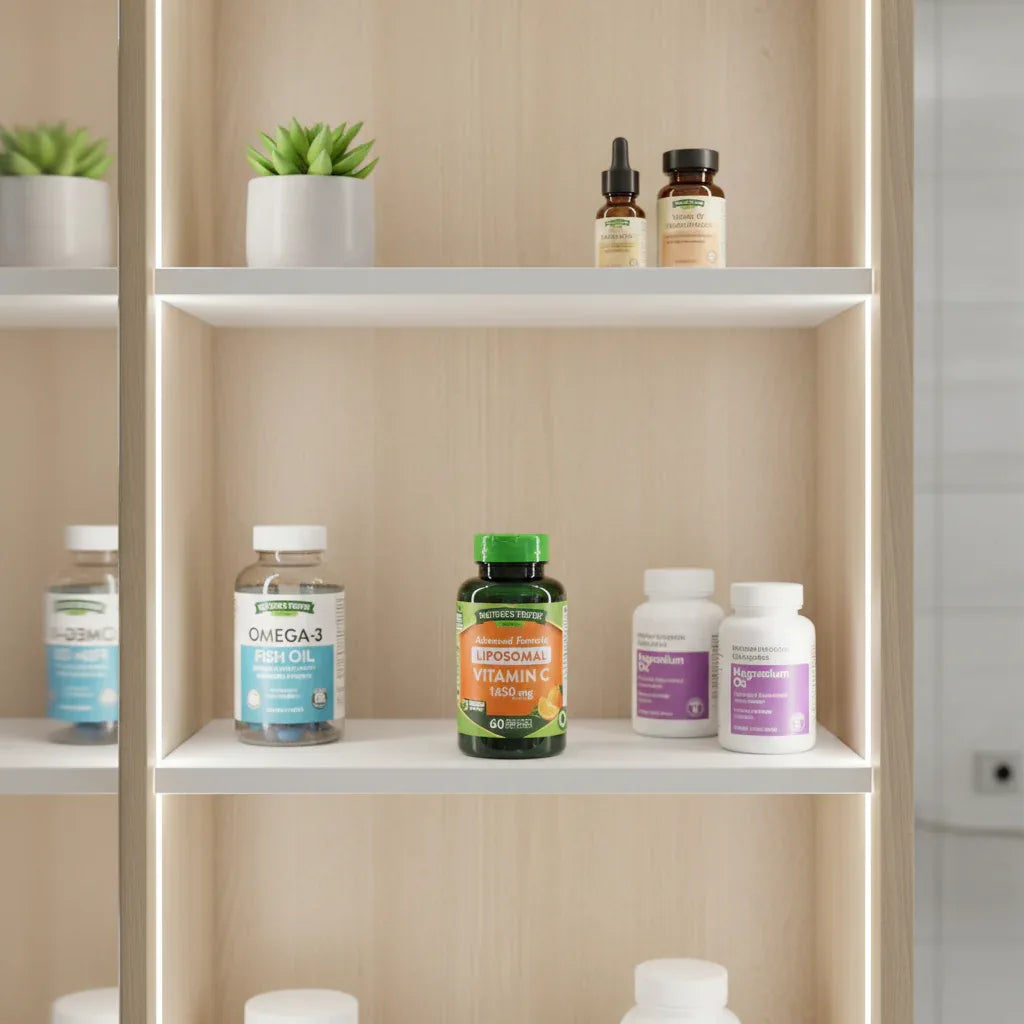 Nature's Truth Liposomal Vitamin C 1650mg bottle inside modern medicine cabinet alongside wellness supplement jars