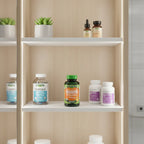 Nature's Truth Liposomal Vitamin C 1650mg bottle inside modern medicine cabinet alongside wellness supplement jars