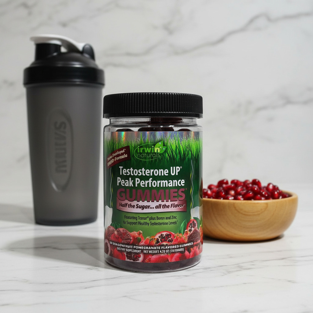 Irwin Naturals Testosterone UP Gummies bottle on modern granite kitchen counter with shaker bottle and wooden bowl of pomegranate seeds