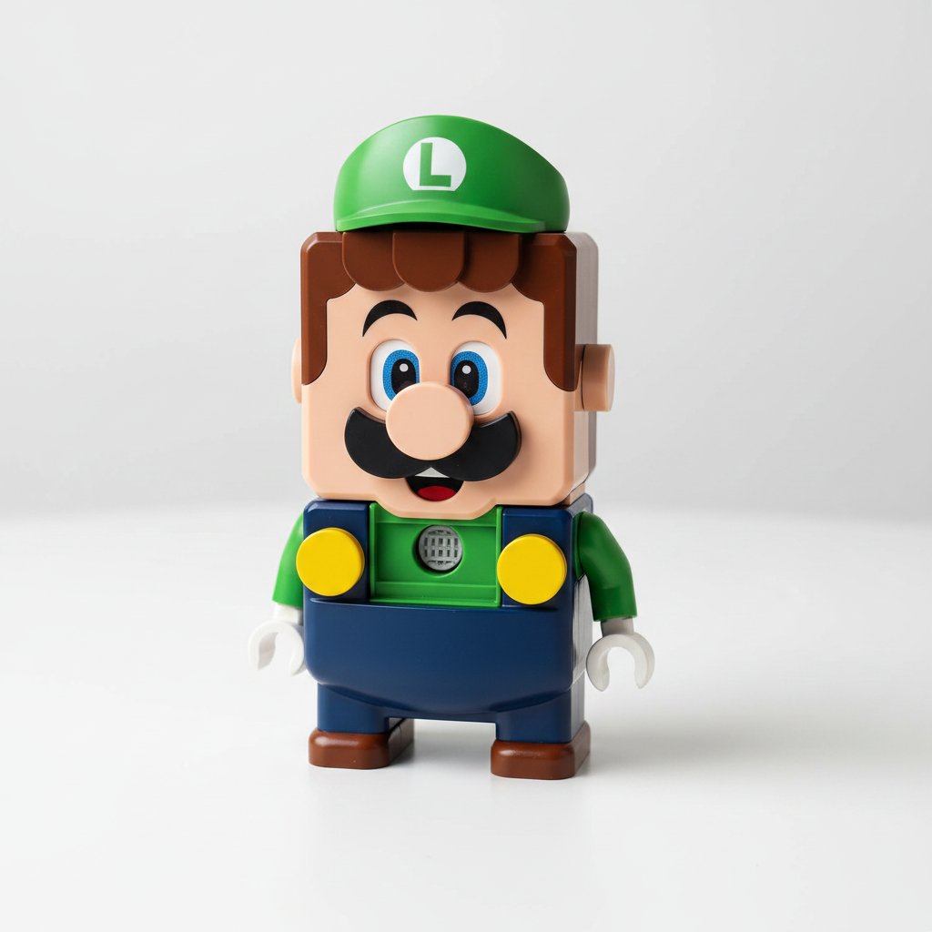 LEGO Super Mario Adventures with Interactive LEGO Luigi set 71440 close-up of the interactive Luigi figure showing LCD screen face displaying an expression, green outfit, yellow coin buttons, and built-in speaker details