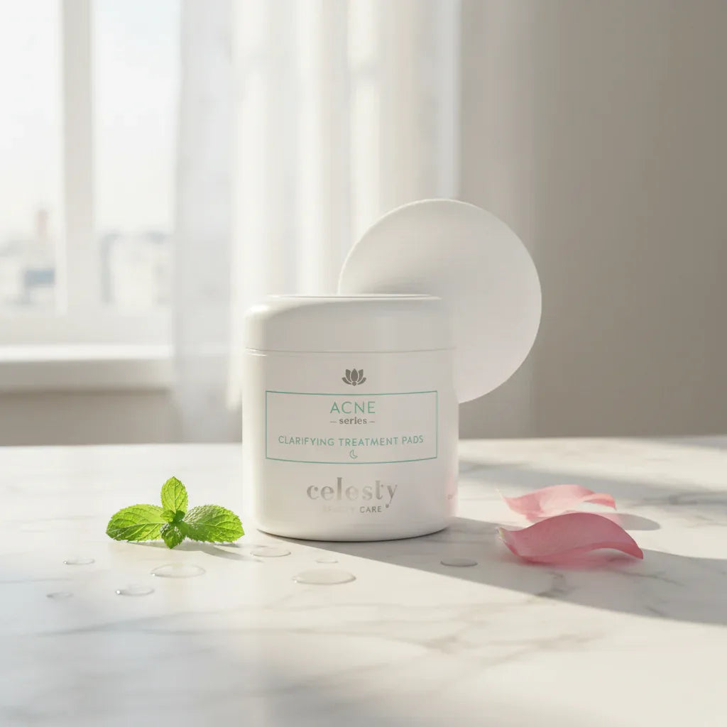 Morning light shining on a fresh natural skincare setup with white jar and cotton pads on white marble