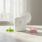 Morning light shining on a fresh natural skincare setup with white jar and cotton pads on white marble