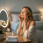 Woman in her 40s applying nighttime serum at a vanity mirror in a softly lit bedroom