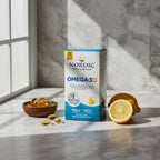 Clean lifestyle studio photo showcasing omega-3 vitamin D3 dietary supplement box on neutral marble surfaces