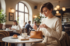 Stylish woman at cafe marble table with makeup bag preparing for a touch-up