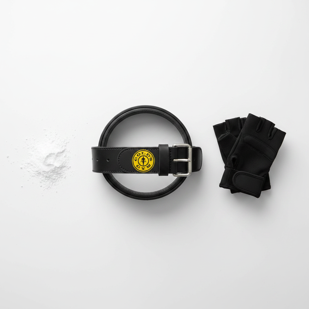 Gold's Gym black leather weight lifting belt on white surface with chalk dust and black lifting gloves – More4less Outlet
