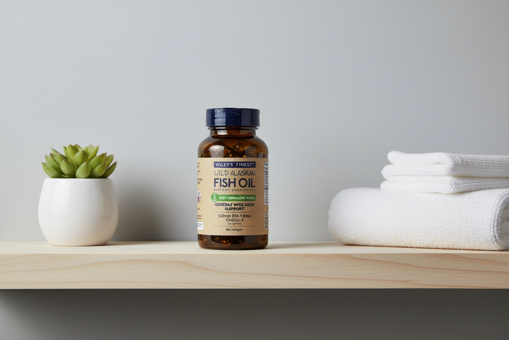 Wiley's Finest Easy Swallow Minis 180 fish oil bottle on bathroom shelf with succulent plant – More4less Outlet
