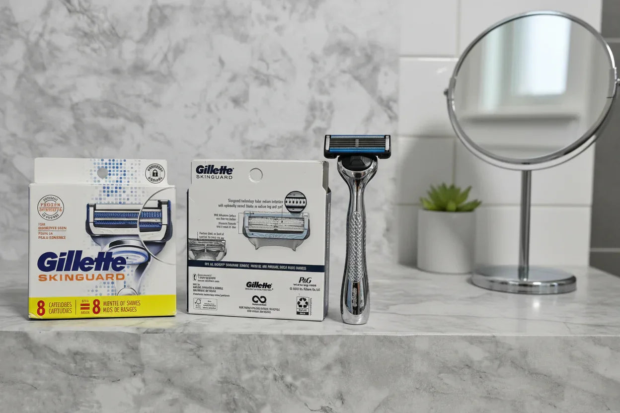 Gillette SkinGuard blade refill cartridges on bathroom shelf men's grooming lifestyle