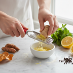 Close-up of hands grating fresh ginger with a red-handled Microplane grater