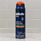 Gillette PRO Sensitive shave gel can on a bathroom counter