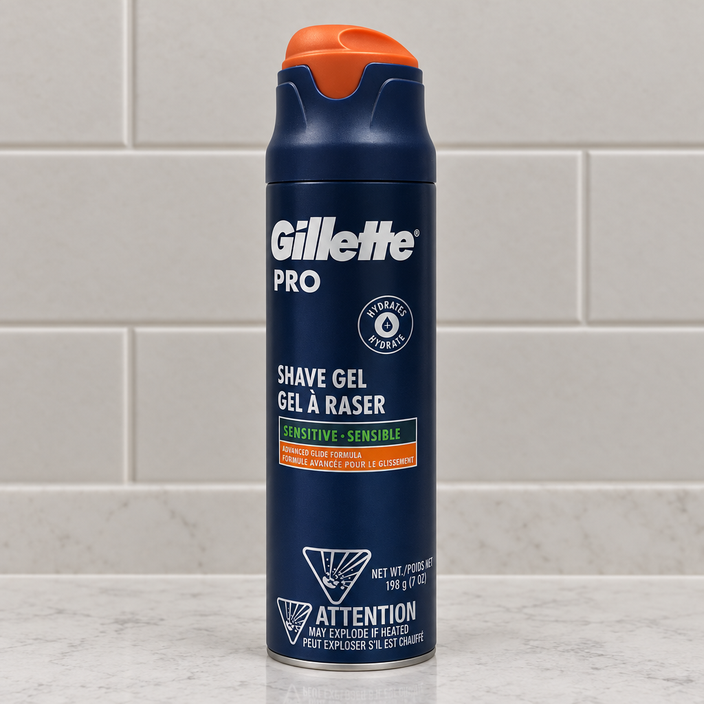 Gillette PRO Sensitive shave gel can on a bathroom counter