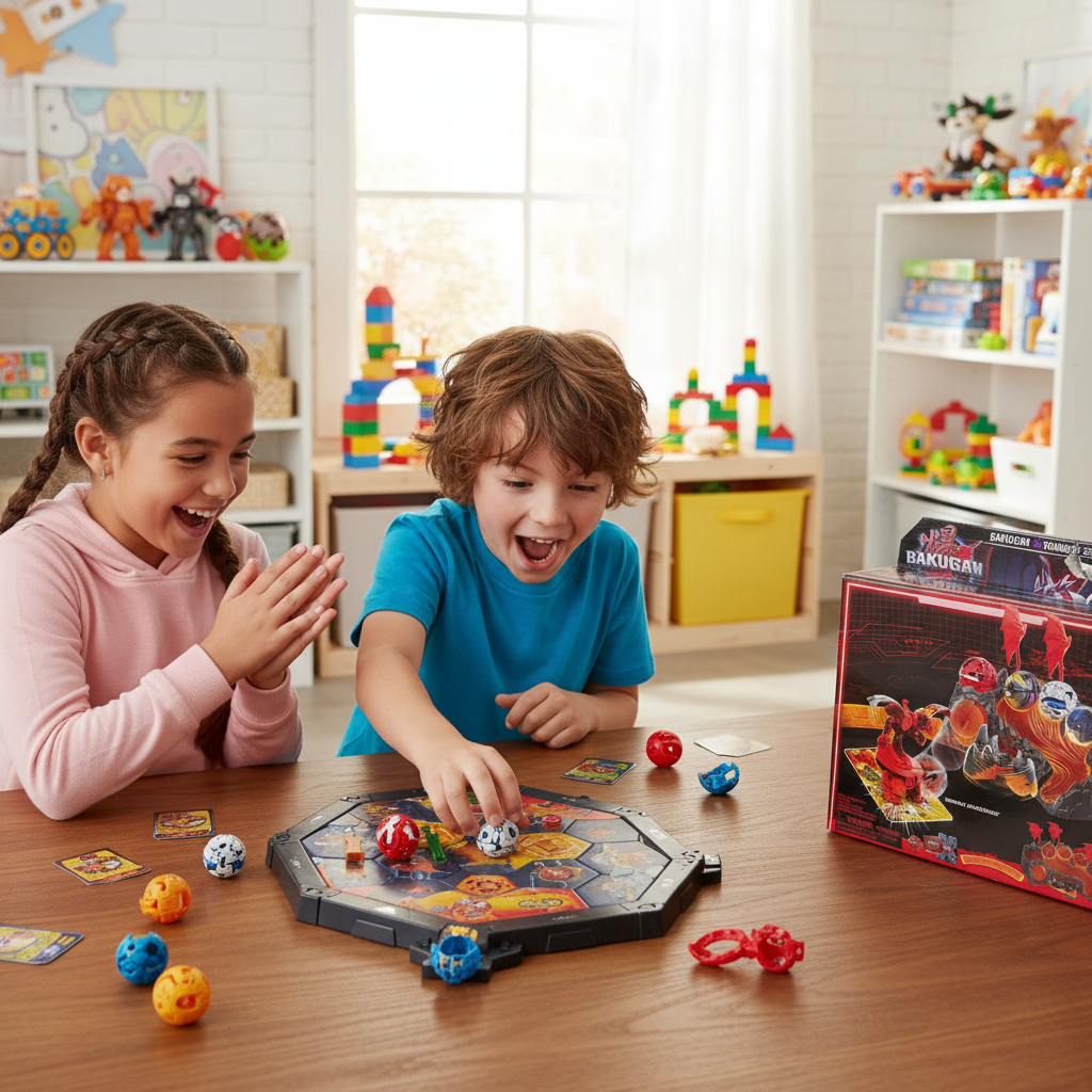 Two kids playing with Bakugan Training Set battle arena on a table with excited expressions — More4less Outlet lifestyle image