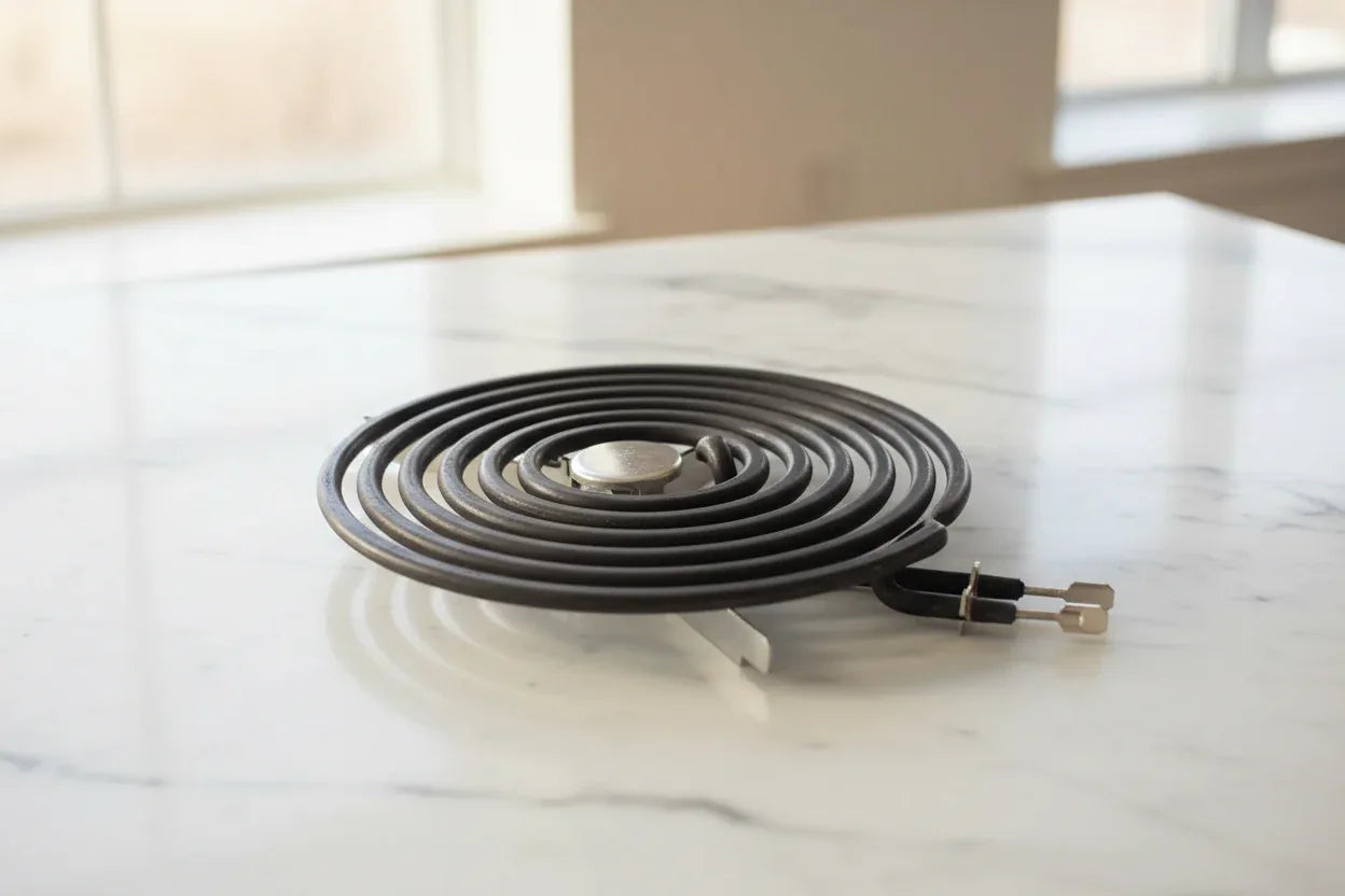 New black spiral coil electric range surface burner element on white marble with soft natural daylight