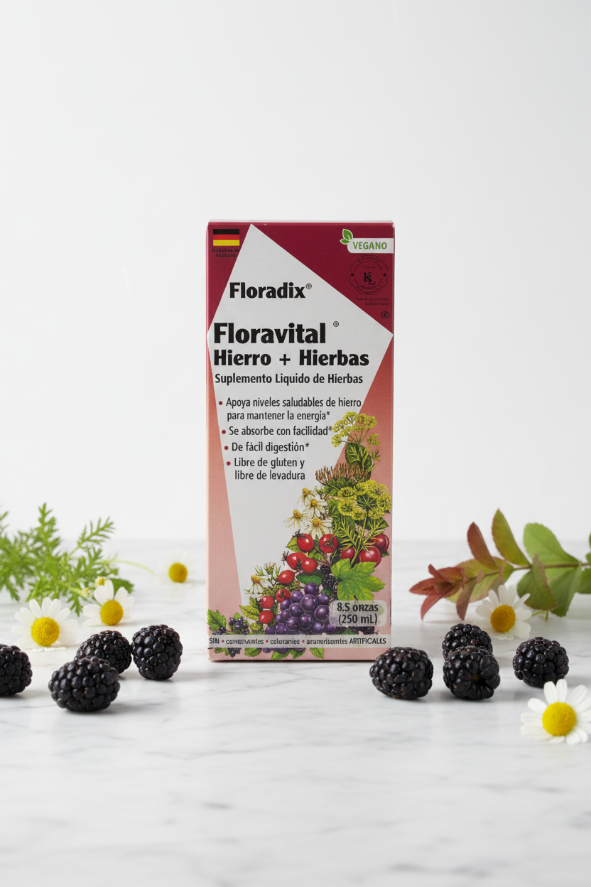 Salus Floradix Floravital Liquid Iron and Herbs 250ml retail box on white marble with red and green botanical props, fresh blackberries and chamomile flowers, minimalist studio photography – More4less Outlet
