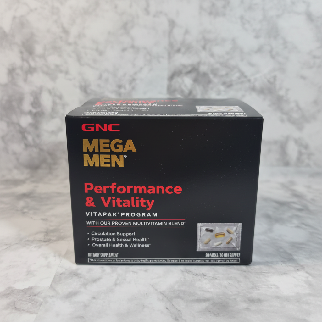 AI-generated contextual image of GNC Mega Men Performance & Vitality Vitapak Program 30-pack box on a neutral studio background