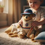 Child holding Augusta du Bay Paddington Bear plush cream cricket outfit blue felt hat stuffed cricket bat cozy rug warm joyful children toy - More4less Outlet