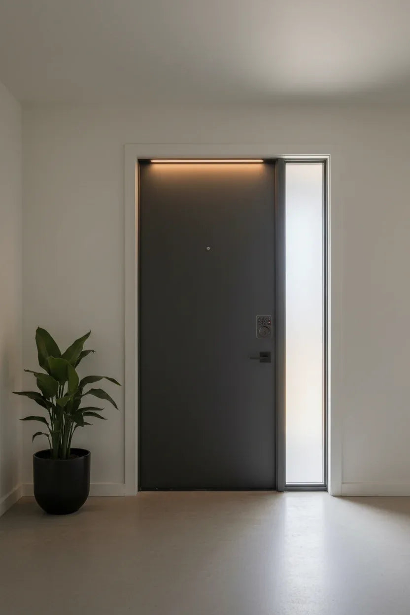 Minimalist modern home entryway featuring dark oil rubbed bronze hardware and professional security deadbolt