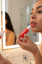 Woman applying Manna Kadar lip scrub beauty routine bathroom mirror — More4less Outlet