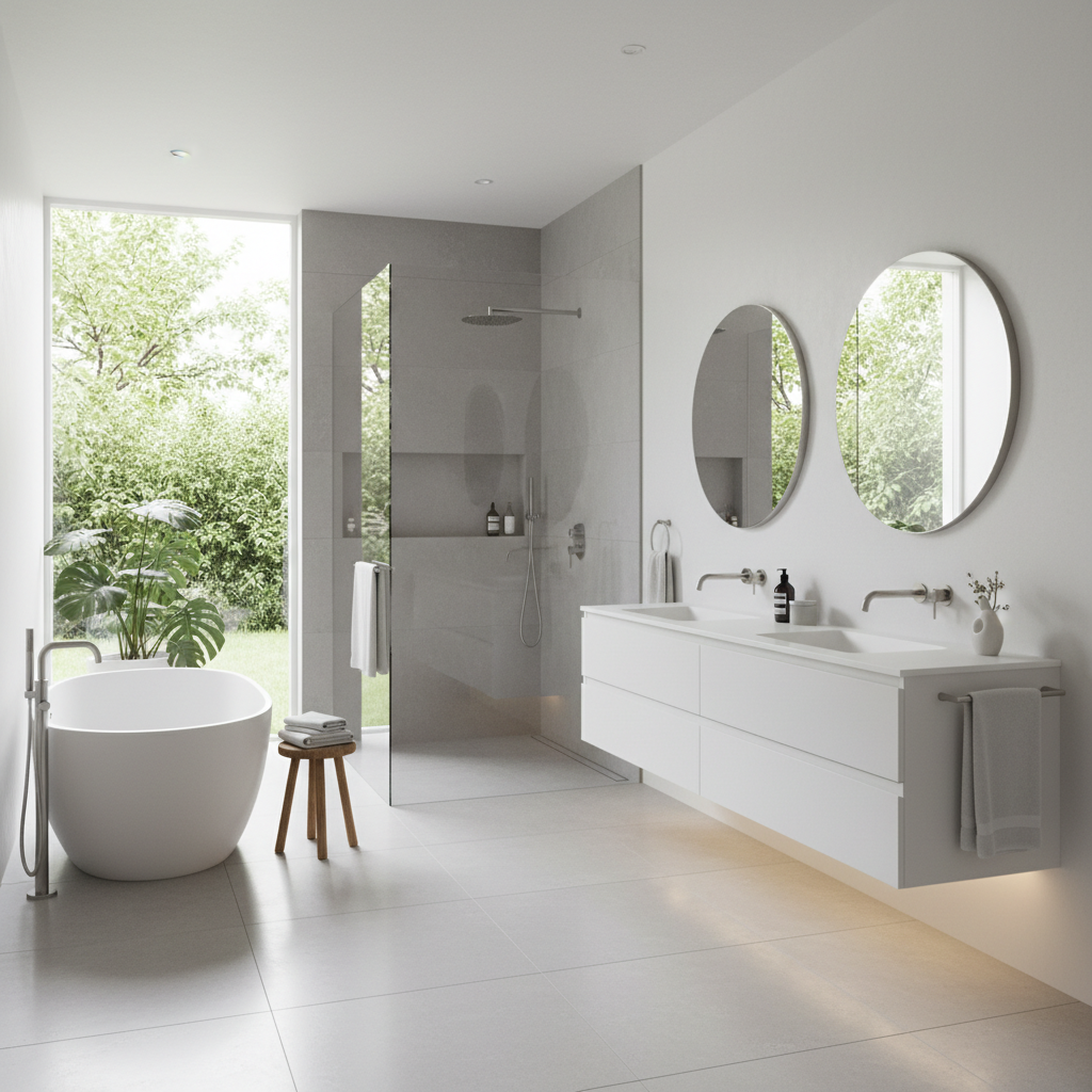 Bright contemporary master bathroom with matte stainless fixtures, glass shower, and floating vanity