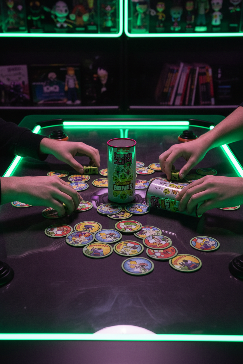Invader Zim Adventure Bones dice game on dark purple gaming table with green neon lighting and bone-shaped dice spread out — More4less Outlet