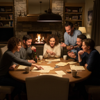 Group of adults gathered around a dining table in the evening examining papers and clue cards