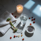Elegant nighttime skincare flat-lay on white marble with jade roller, botanical ingredients, and candlelight