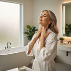Woman in her 50s massaging her neck during a nighttime skincare routine in a modern bathroom