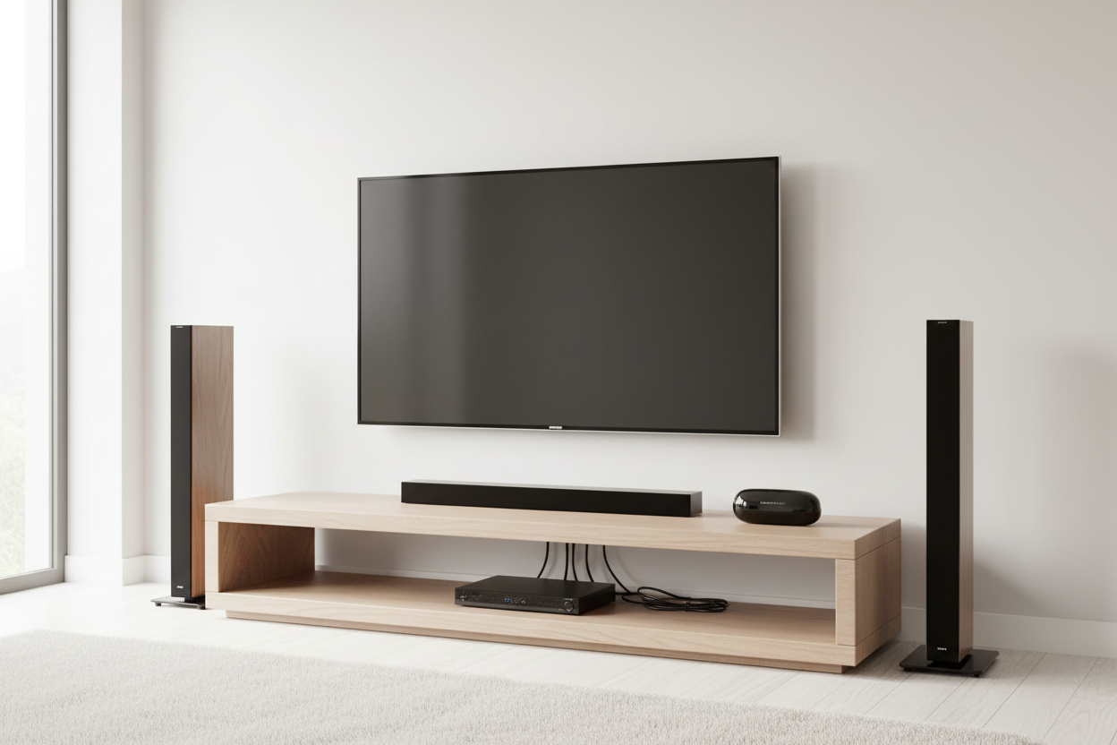 SMARTPOINT IR blaster on entertainment center shelf next to TV and sound system – universal remote control – More4less Outlet