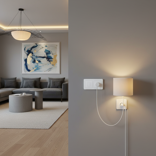 Modern living room wall with white smart outlet and table lamp plugged in glowing softly