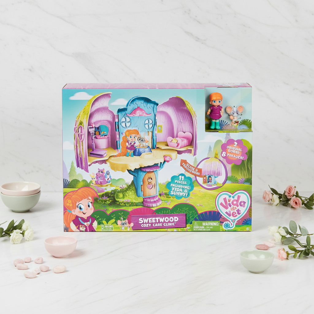 Vida the Vet Sweetwood Cozy Care Clinic playset by Spin Master on white marble with pink and green floral accent props, studio product photography – More4less Outlet